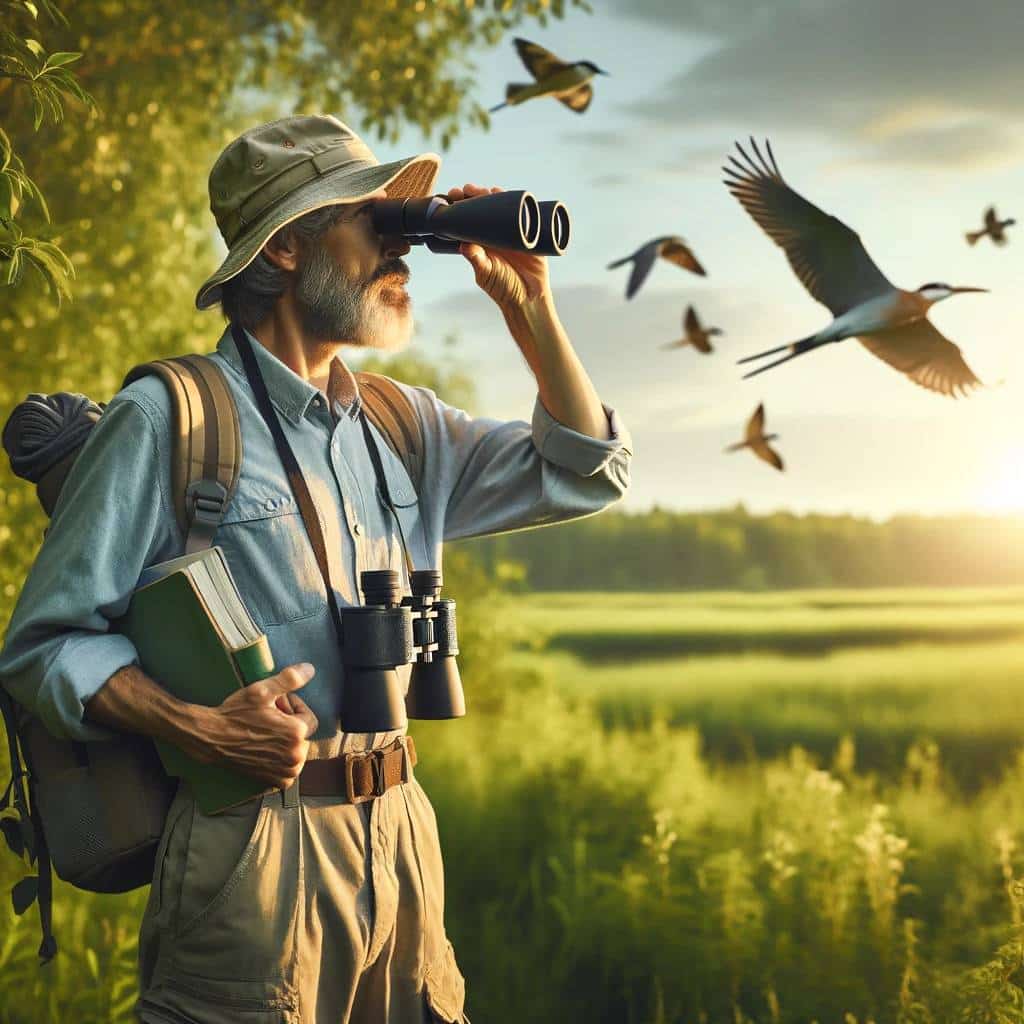 Birder with binoculars observing flying birds in a sunlit field.